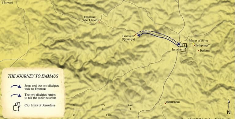 Map of Emmaus and road to Jerusalem